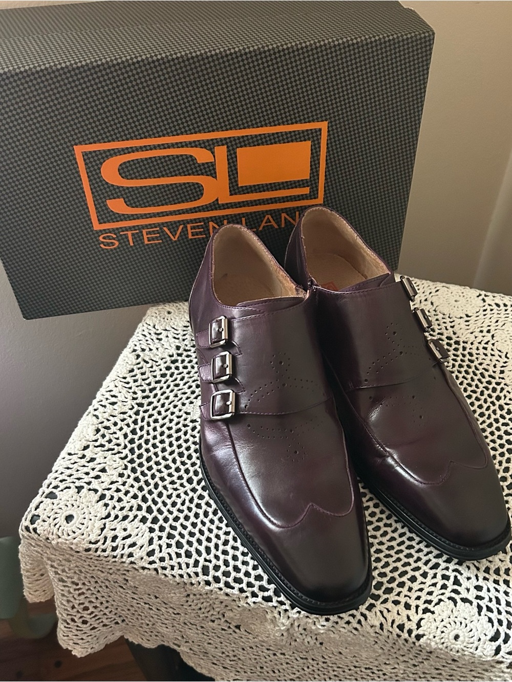 Steven Land Burgundy Double Monk Leather Oxfords. NEW